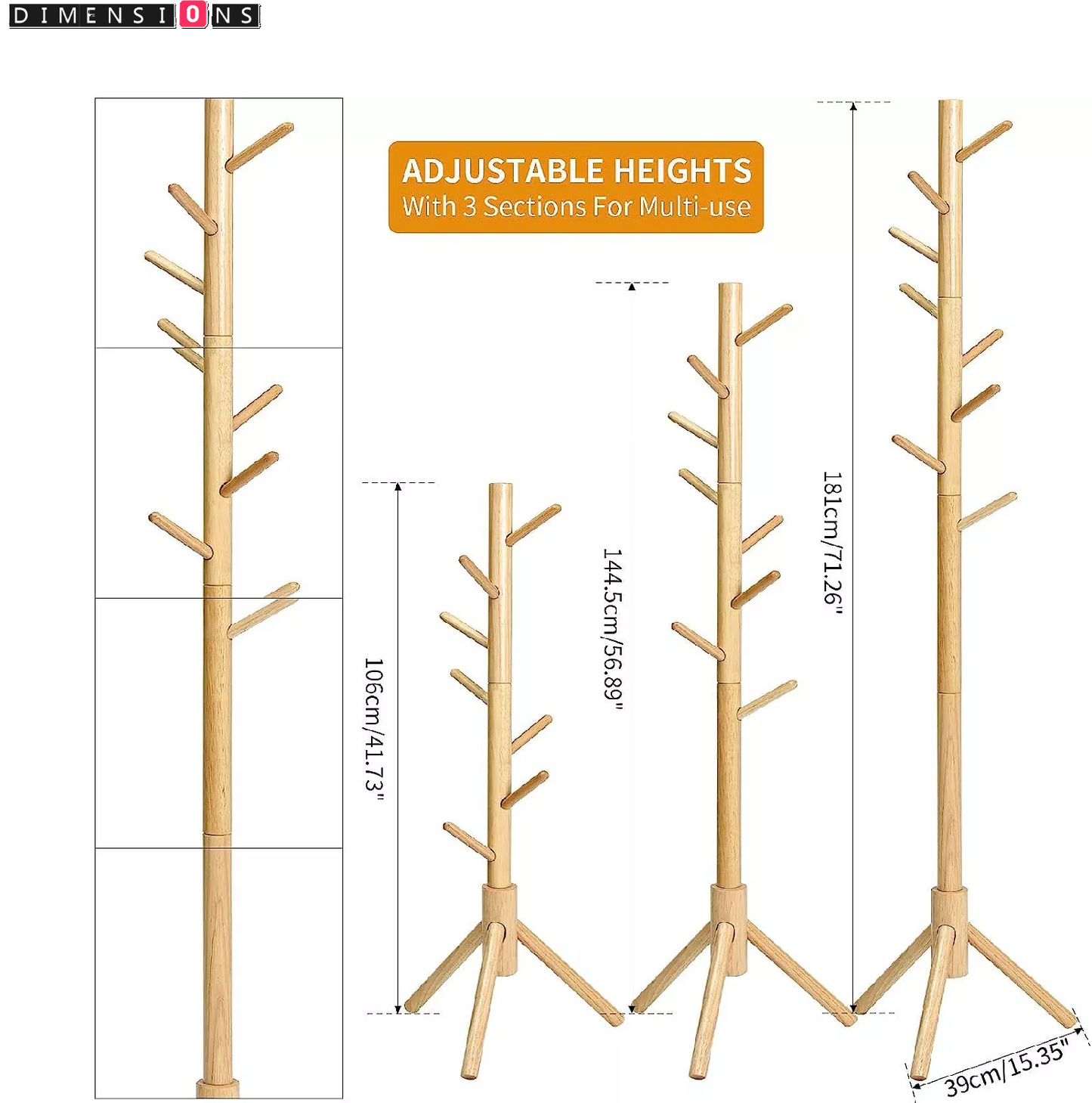 8 Hook Floor Standing Coat Stand - Natural