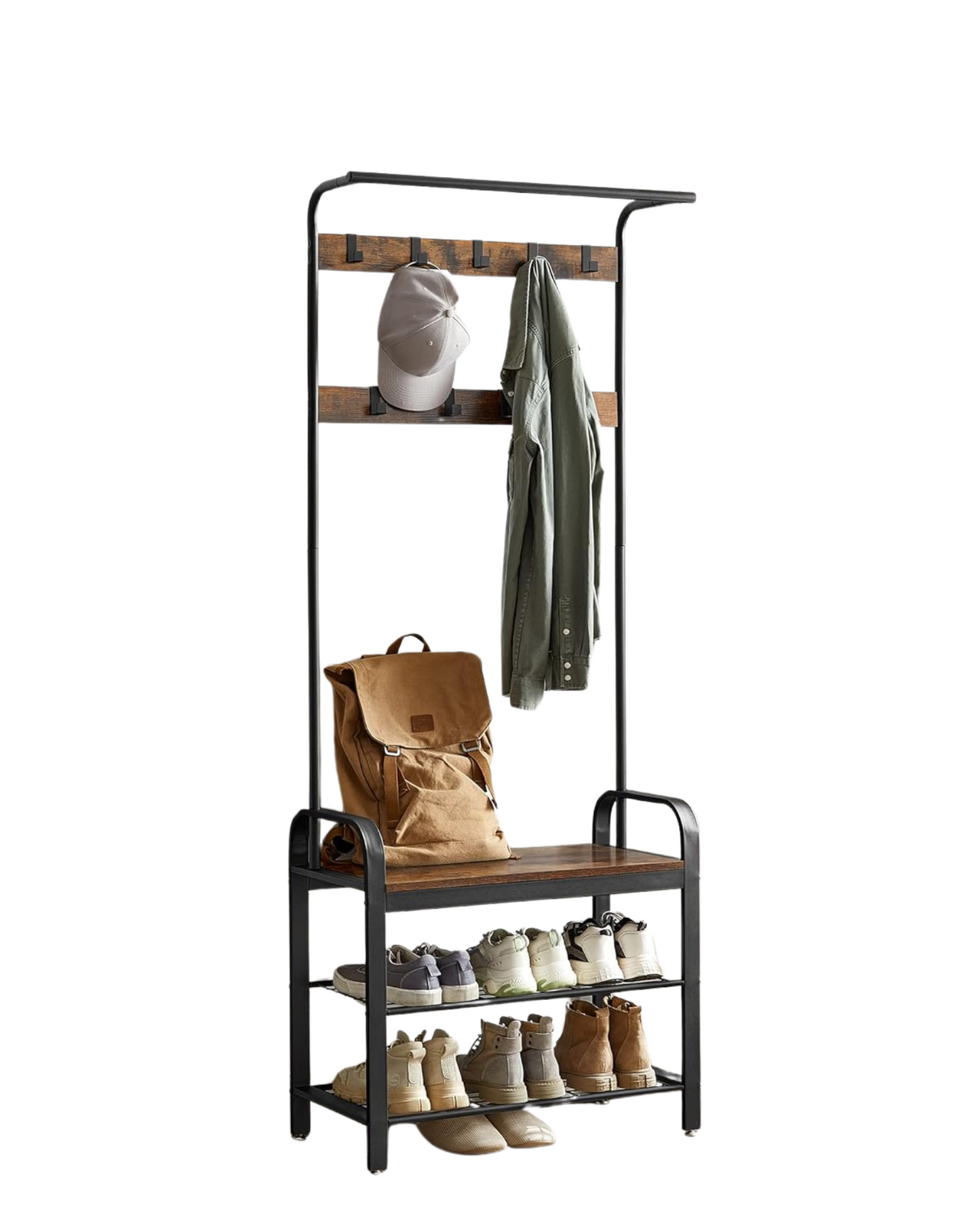 Industrial 4-in-1 Coat Rack with Shoe Bench – Hallway Clothes Stand with 9 Hooks