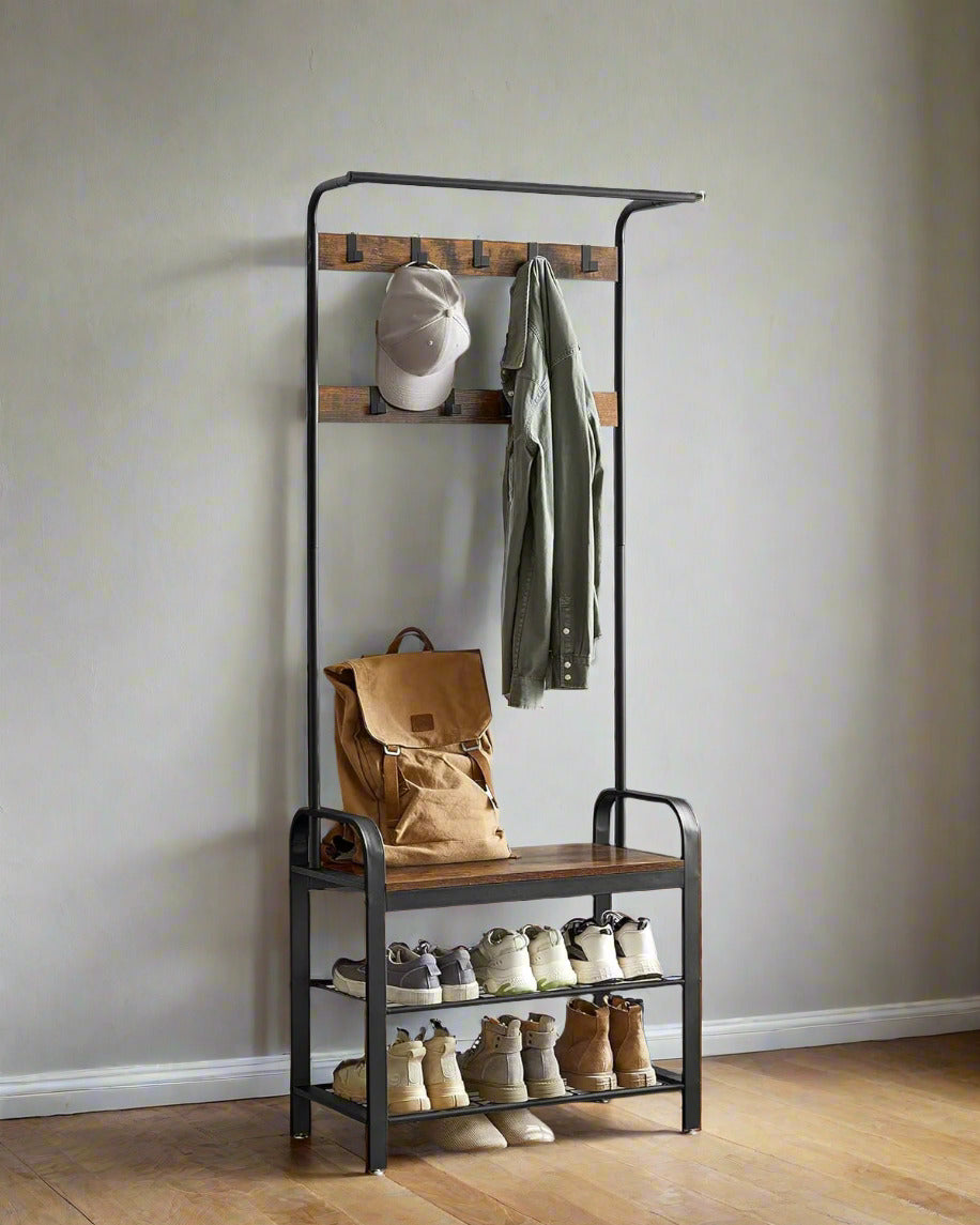 Industrial 4-in-1 Coat Rack with Shoe Bench – Hallway Clothes Stand with 9 Hooks
