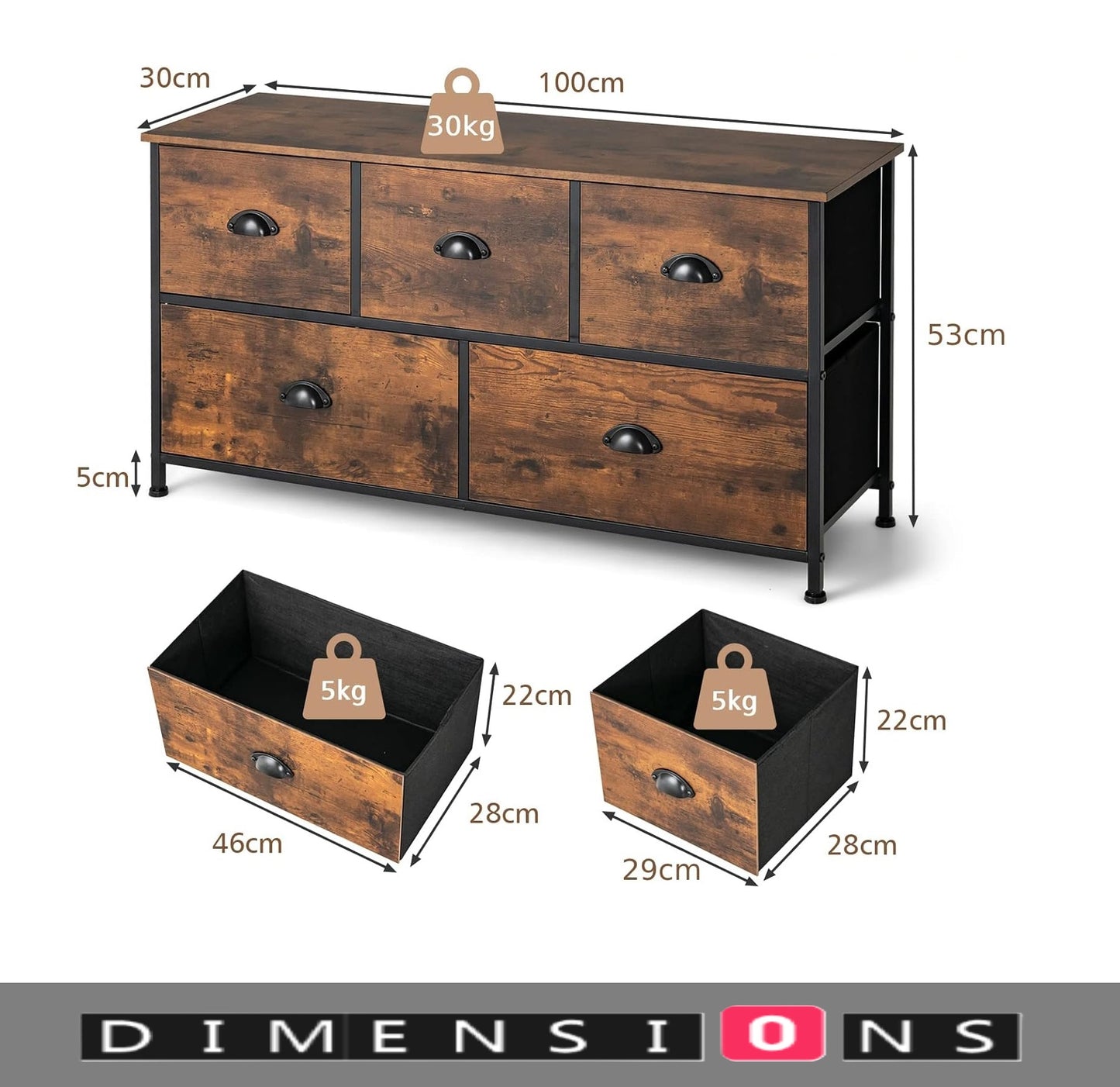 Chest of Drawers with Wooden Top and Front with Fabric Drawers
