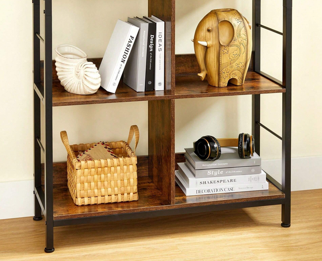 Bookcase Ladder Shelf 4 Tier Rustic Brown and Black Display Rack for Living Room or Office