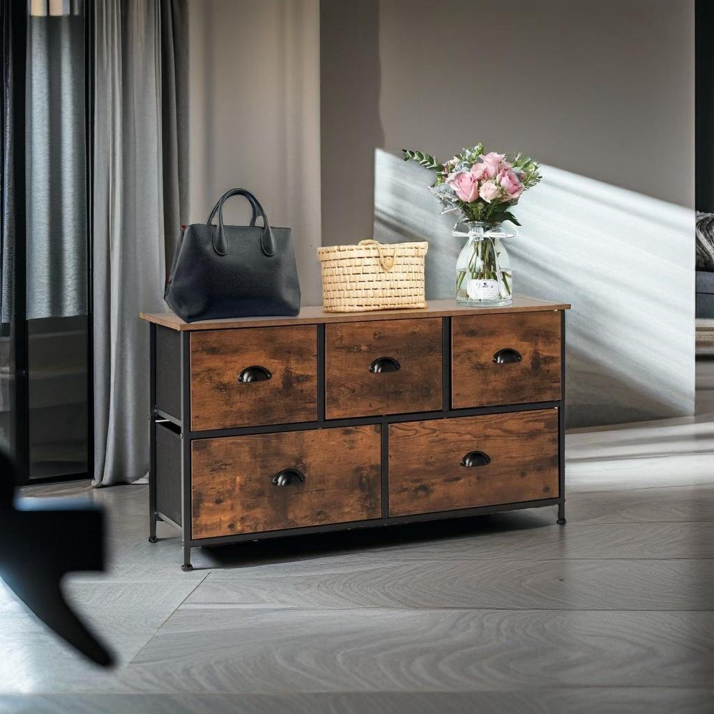 Chest of Drawers with Wooden Top and Front with Fabric Drawers