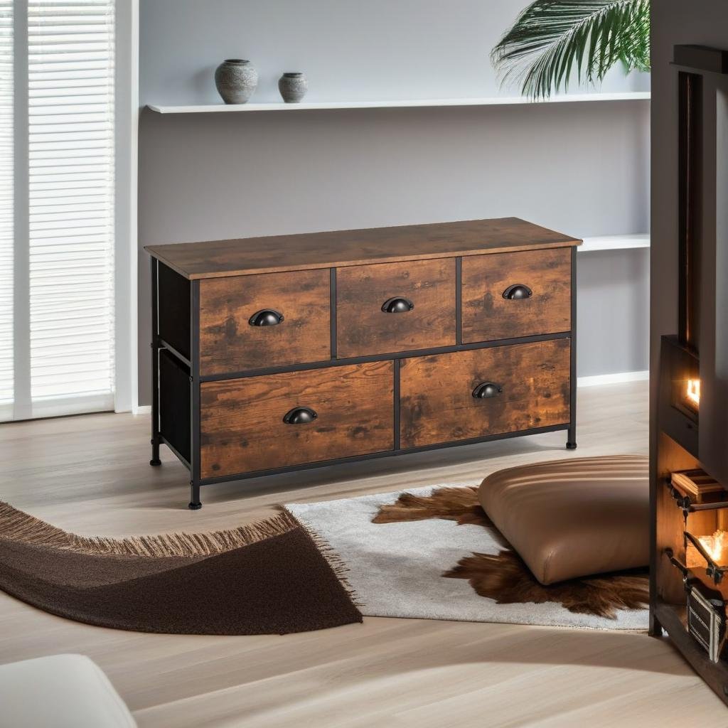 Chest of Drawers with Wooden Top and Front with Fabric Drawers