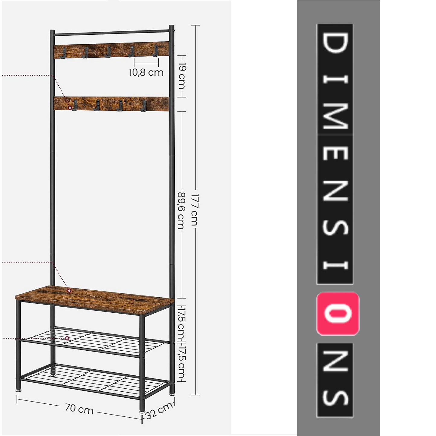 Industrial Coat Stand with Shoe Storage Bench - 3-in-1 Design