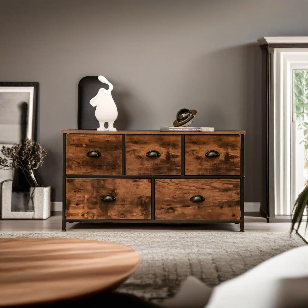 Chest of Drawers with Wooden Top and Front with Fabric Drawers