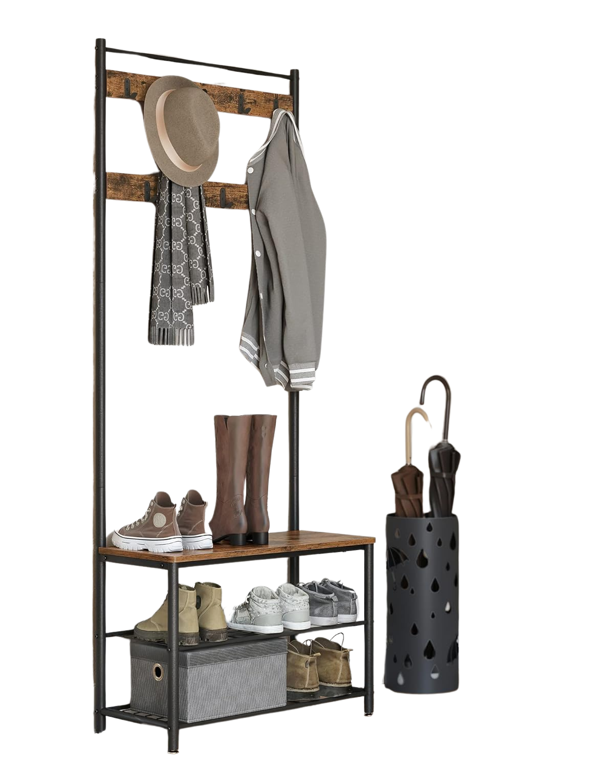 Industrial Coat Stand with Shoe Storage Bench - 3-in-1 Design
