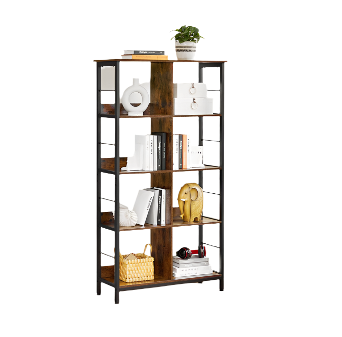 Rustic 4 tier industrial bookshelf with steel frame and open compartments for home or office