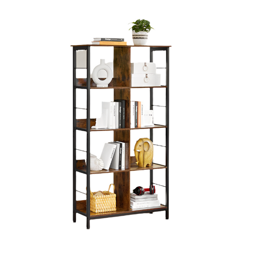 Rustic 4 tier industrial bookshelf with steel frame and open compartments for home or office