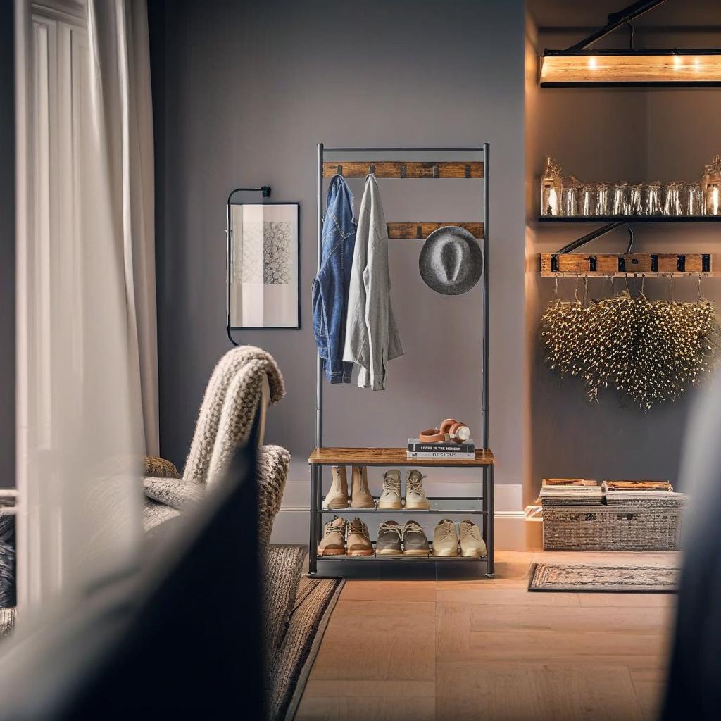 Industrial Coat Stand with Shoe Storage Bench - 3-in-1 Design