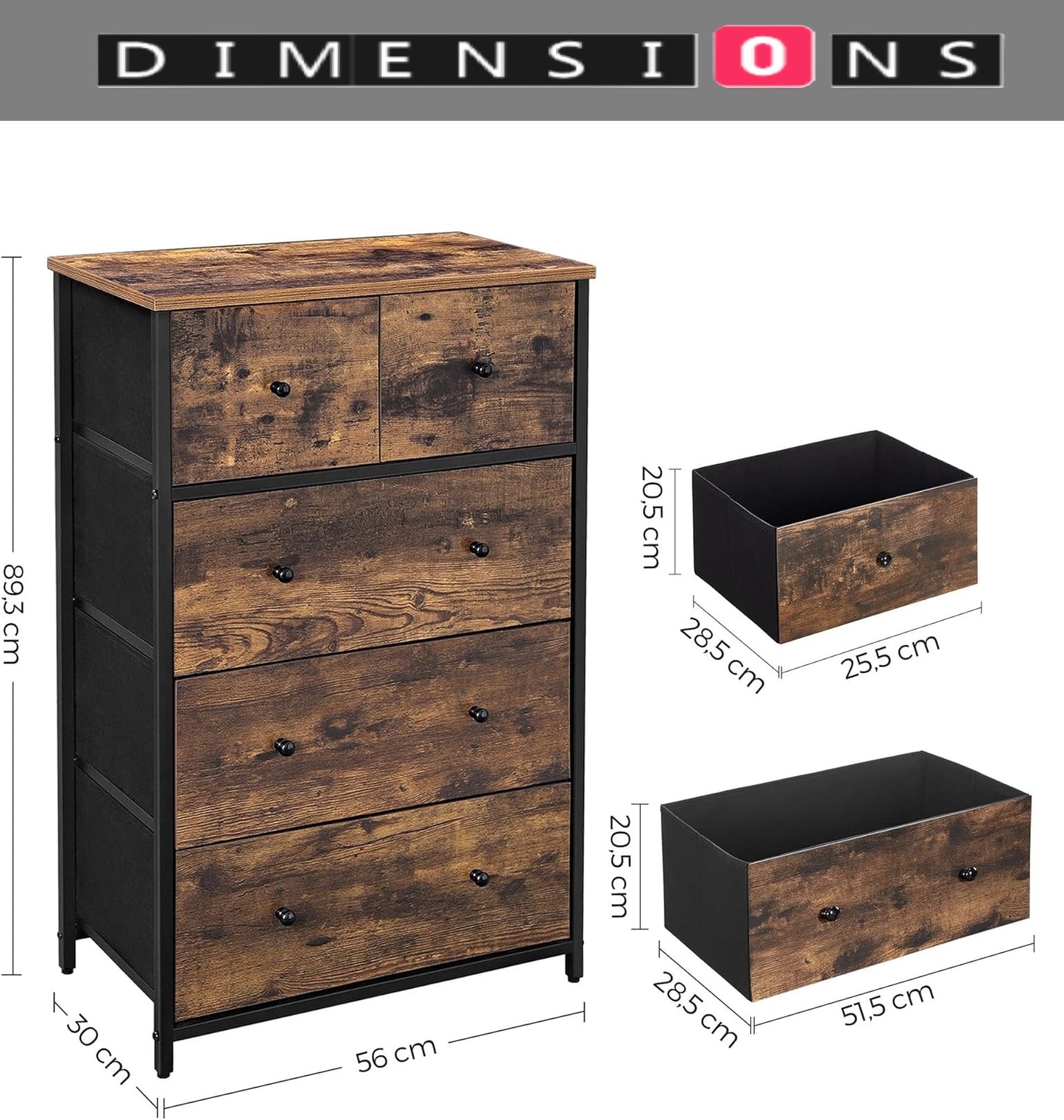 Chest of Drawers – 5-Drawer Fabric Storage Organizer Unit with Wood Handles