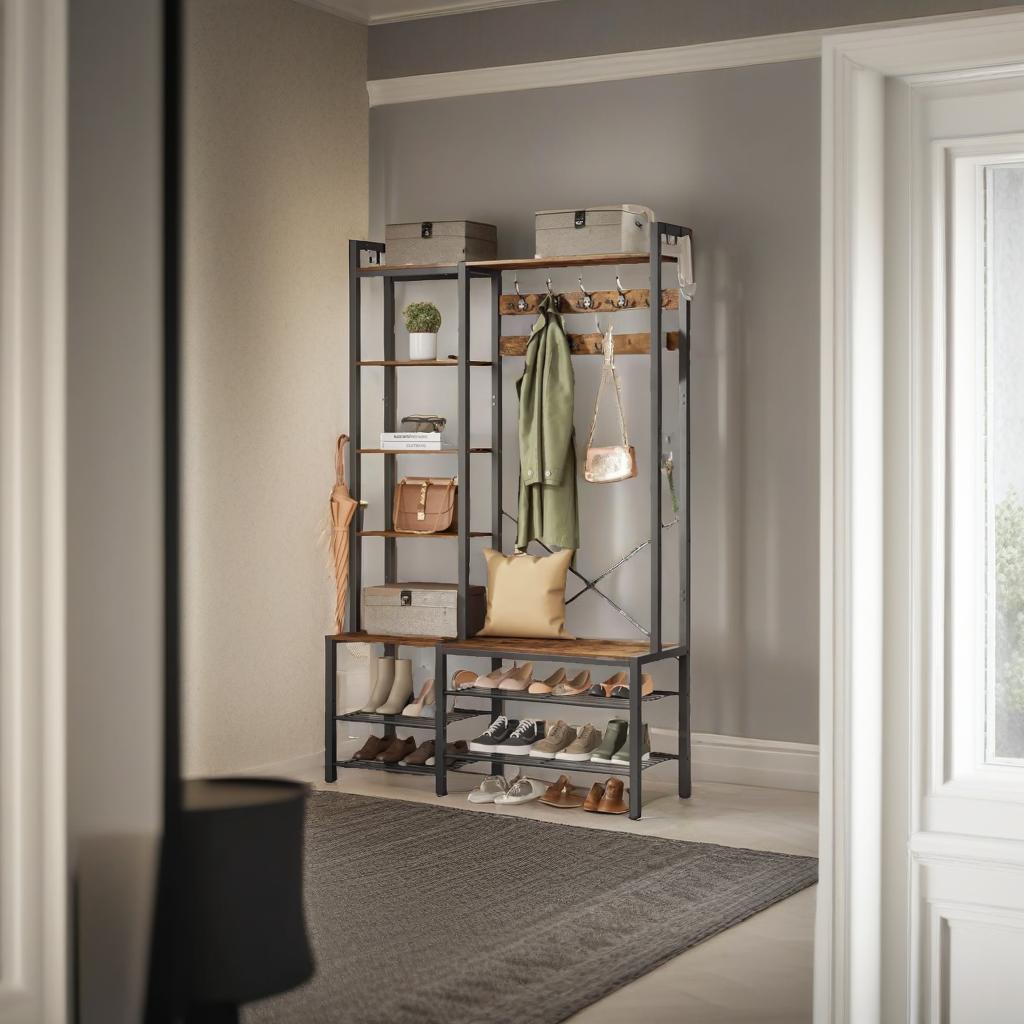Hall Tree with Bench Shoe Rack 9 Hooks and 5 Shelves Vintage Entryway Coat Stand Storage Unit
