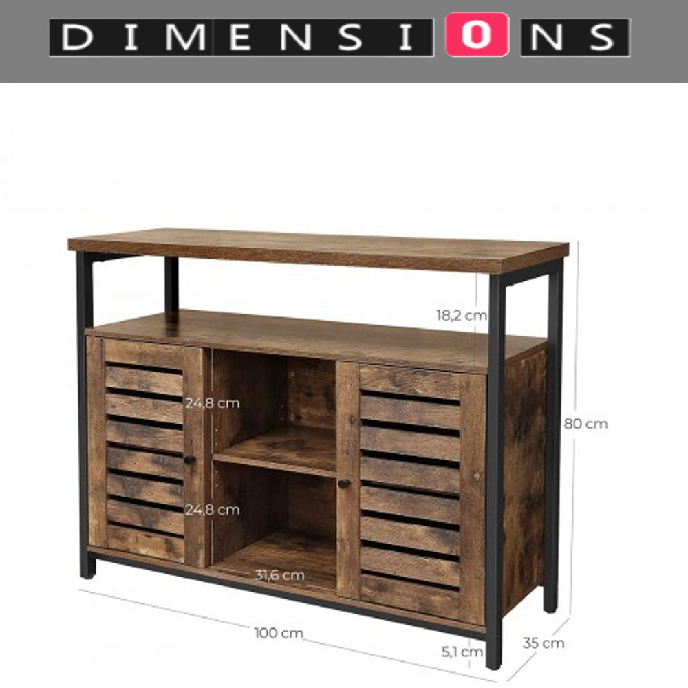 Rustic Floor Standing Cabinet with Louvred Doors – Kitchen Storage Cupboard with Shelves, Industrial Style
