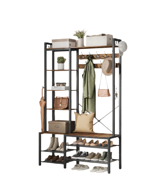 Hall Tree with Bench Shoe Rack 9 Hooks and 5 Shelves Vintage Entryway Coat Stand Storage Unit