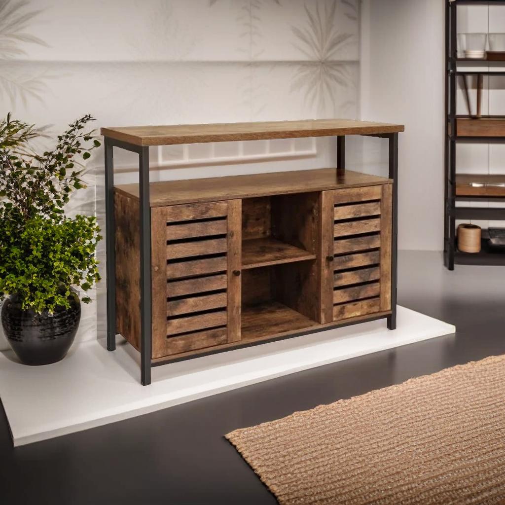 Rustic Floor Standing Cabinet with Louvred Doors – Kitchen Storage Cupboard with Shelves, Industrial Style