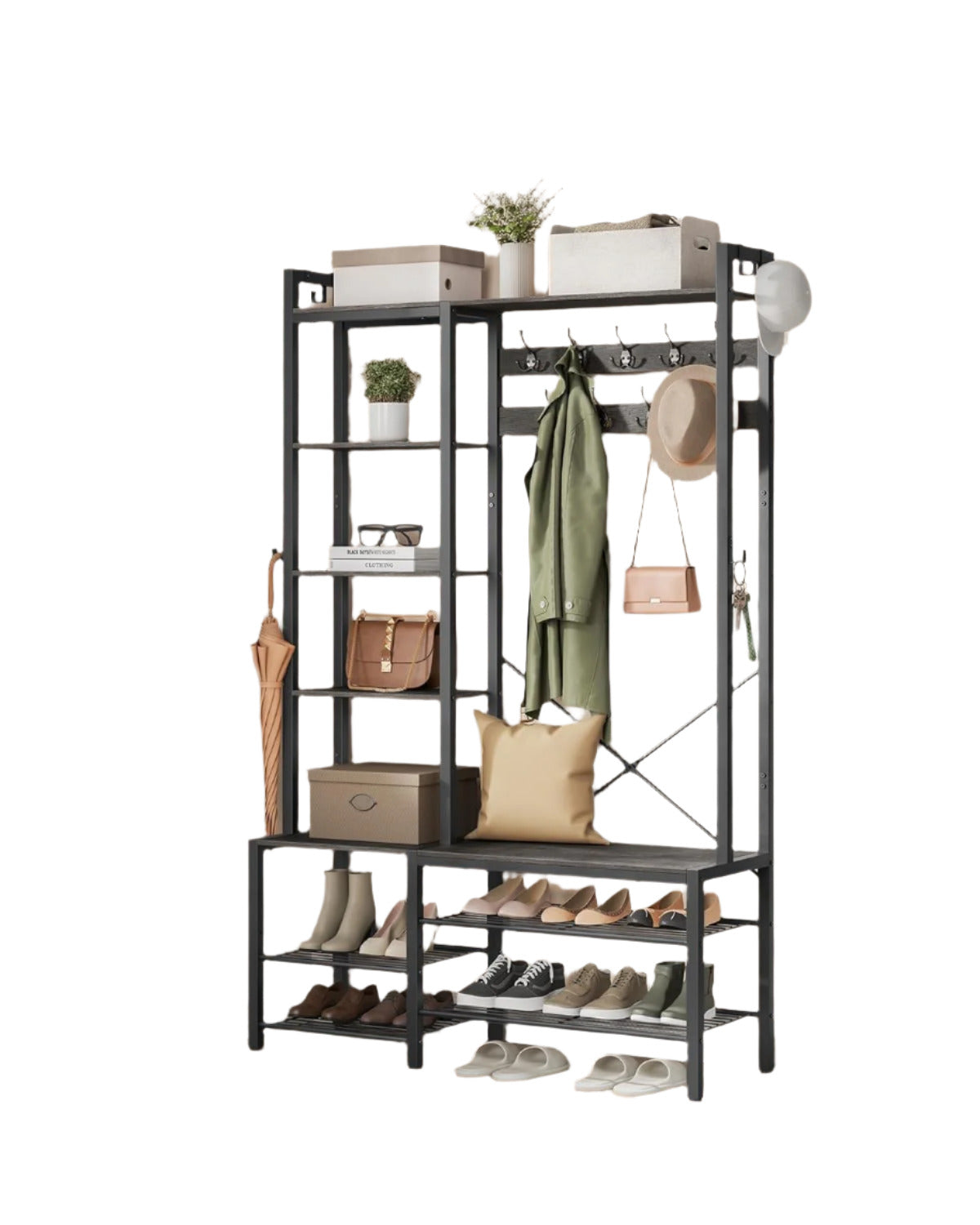 Hall Tree with Bench Shoe Rack 9 Hooks and 5 Shelves Vintage Entryway Coat Stand Storage Unit