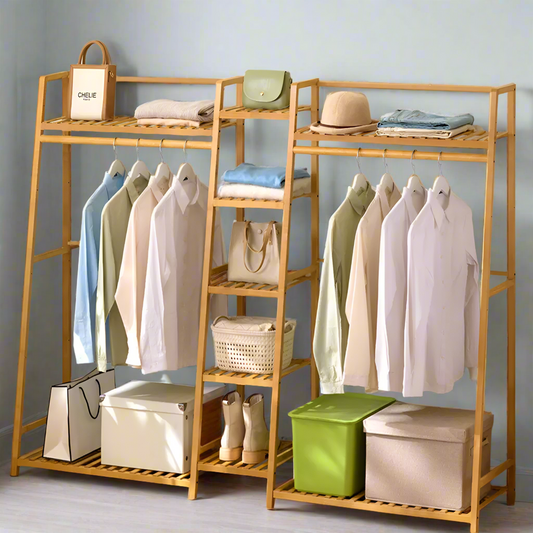Heavy Duty Bamboo Clothes Rail Rack with Corner Storage Shelves – Natural