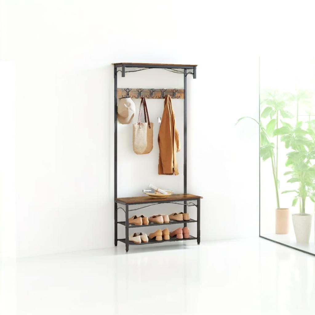 Industrial Coat Rack with Bench and Shoe Rack