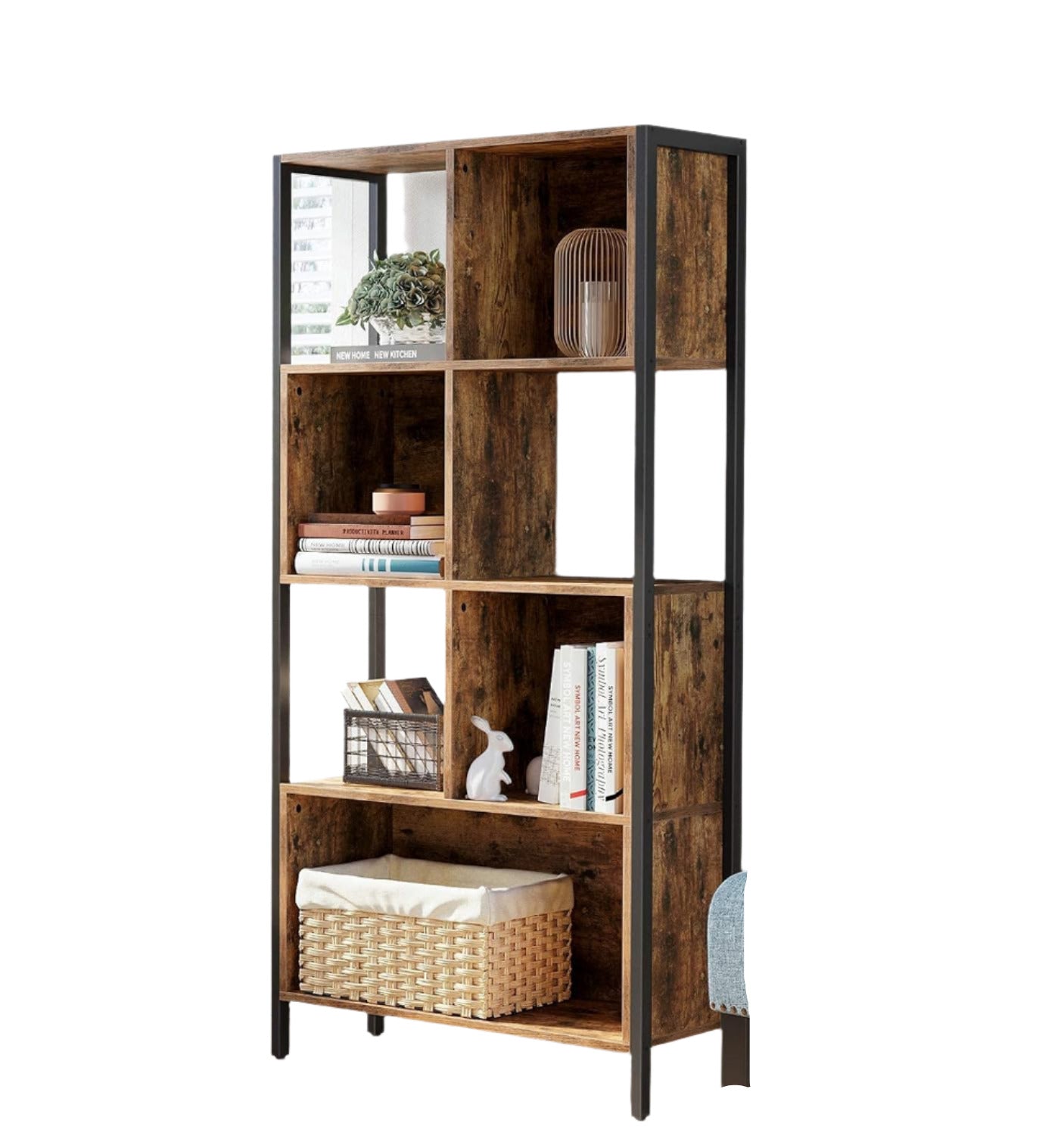 Industrial Bookshelf Rustic Brown Bookcase with Steel Frame for Living Room or Home Office