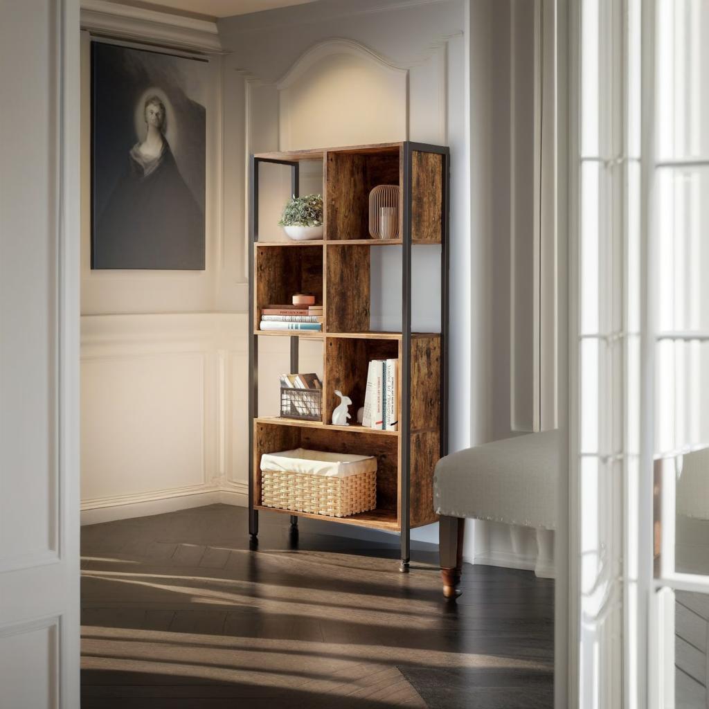 Industrial Bookshelf Rustic Brown Bookcase with Steel Frame for Living Room or Home Office