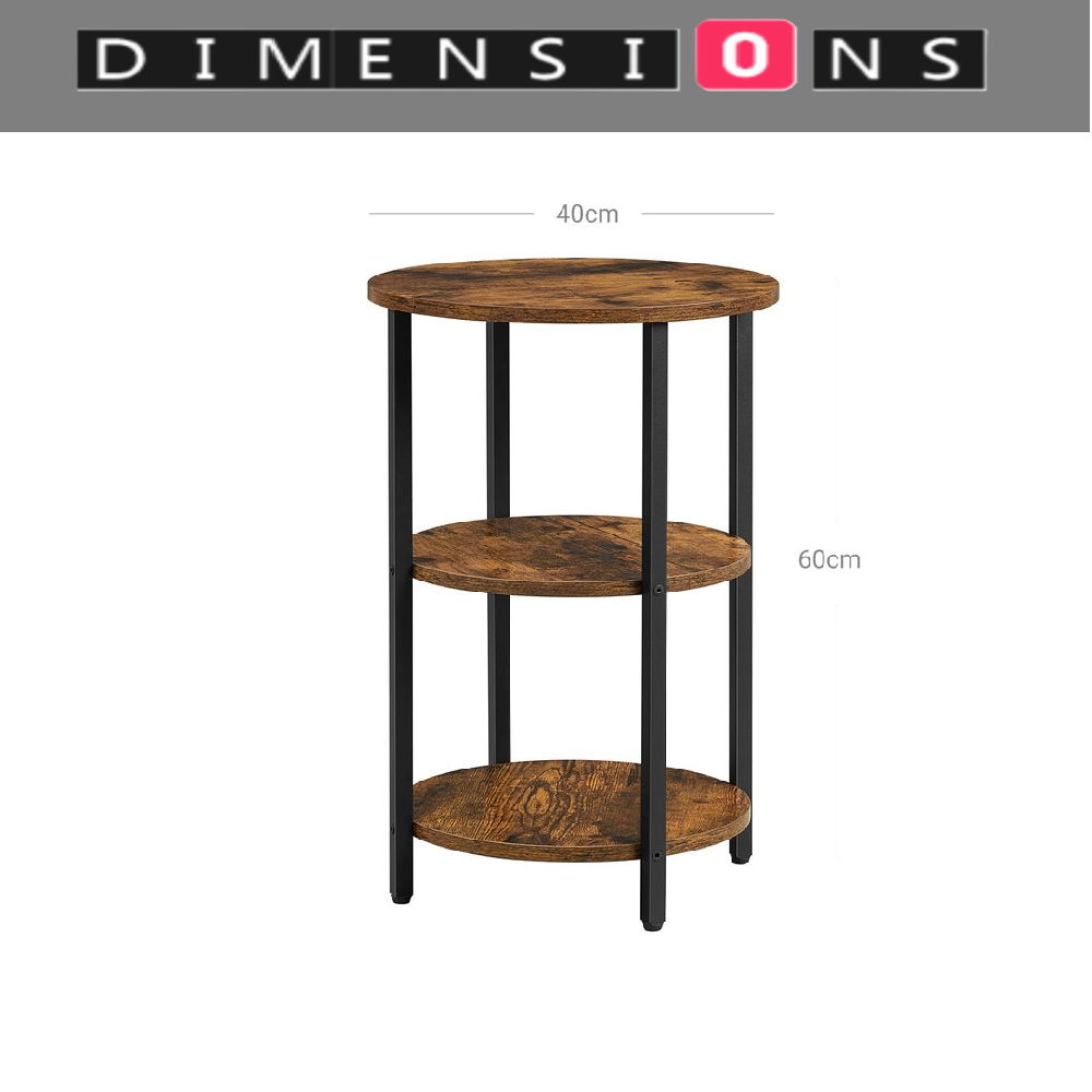 3-Tier Round Sofa Side Table – Rustic Brown & Black Industrial End Table