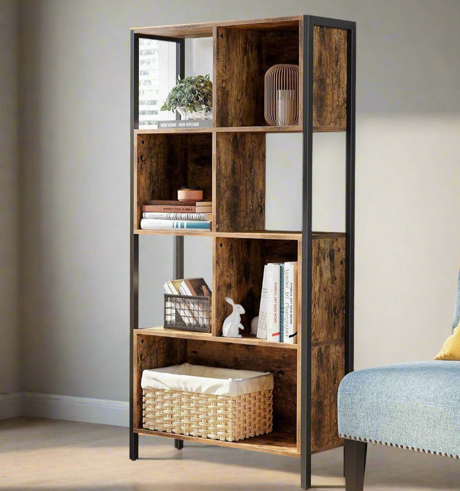 Industrial style rustic brown bookshelf with black steel frame for home office or living room