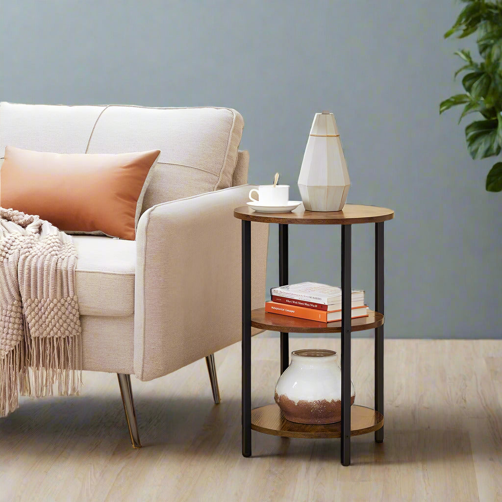 3-tier round sofa side table in rustic brown and black with steel frame, ideal for living rooms or bedrooms