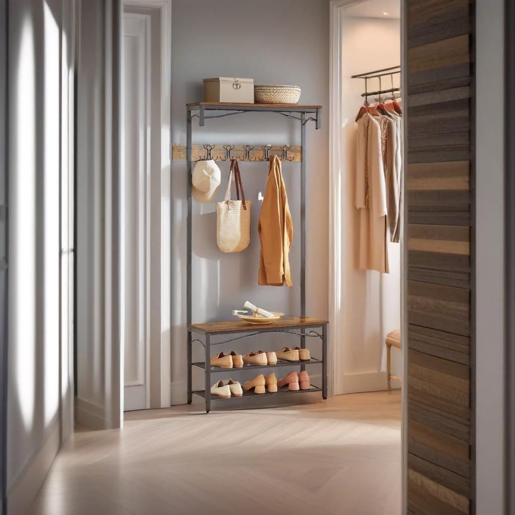 Industrial Coat Rack with Bench and Shoe Rack