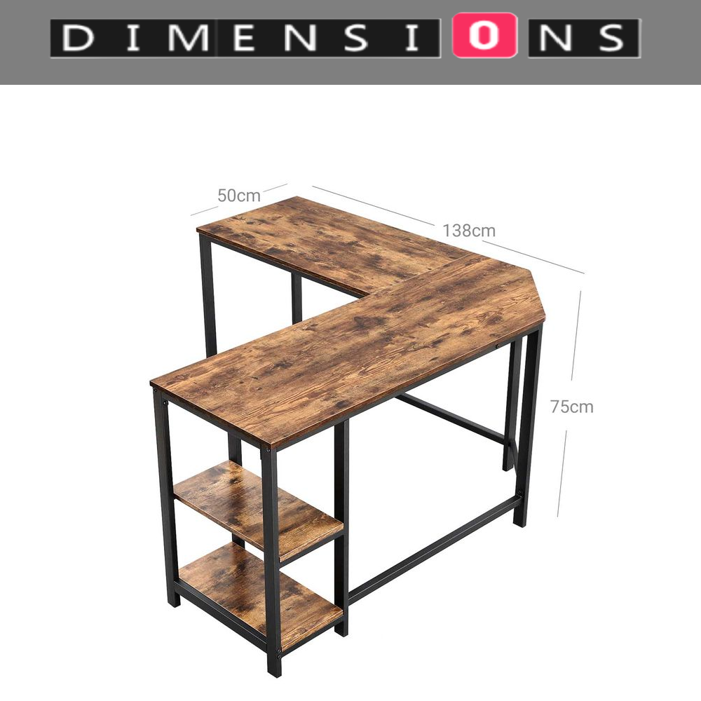 Rustic Brown & Black L-Shaped Computer Desk with Storage Shelves – 138x138 cm