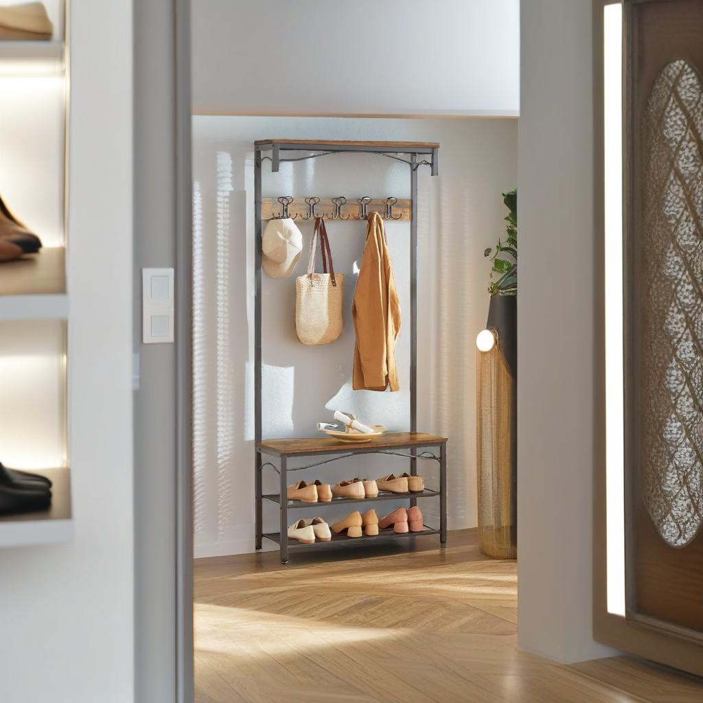 Industrial Coat Rack with Bench and Shoe Rack