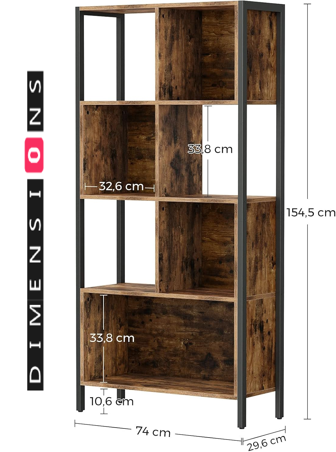 Industrial Bookshelf Rustic Brown Bookcase with Steel Frame for Living Room or Home Office