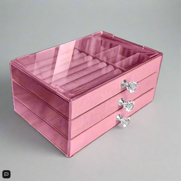 Large Pink Acrylic 3 Drawer Jewelry Storage Box Organizer for Rings Earrings Bracelets
