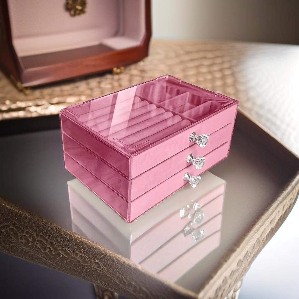 Large Pink Acrylic 3 Drawer Jewelry Storage Box Organizer for Rings Earrings Bracelets