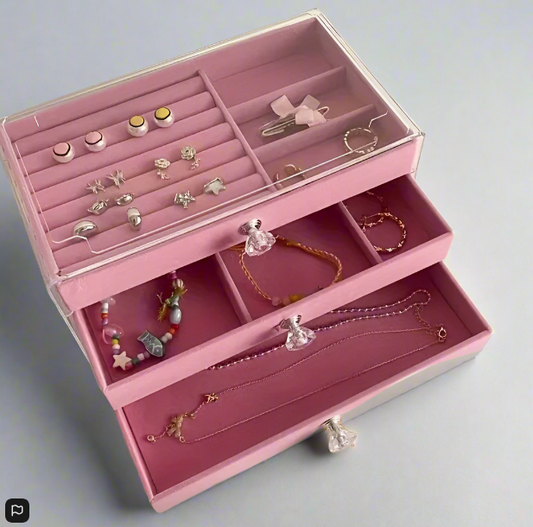Large Pink Acrylic 3 Drawer Jewelry Storage Box Organizer for Rings Earrings Bracelets
