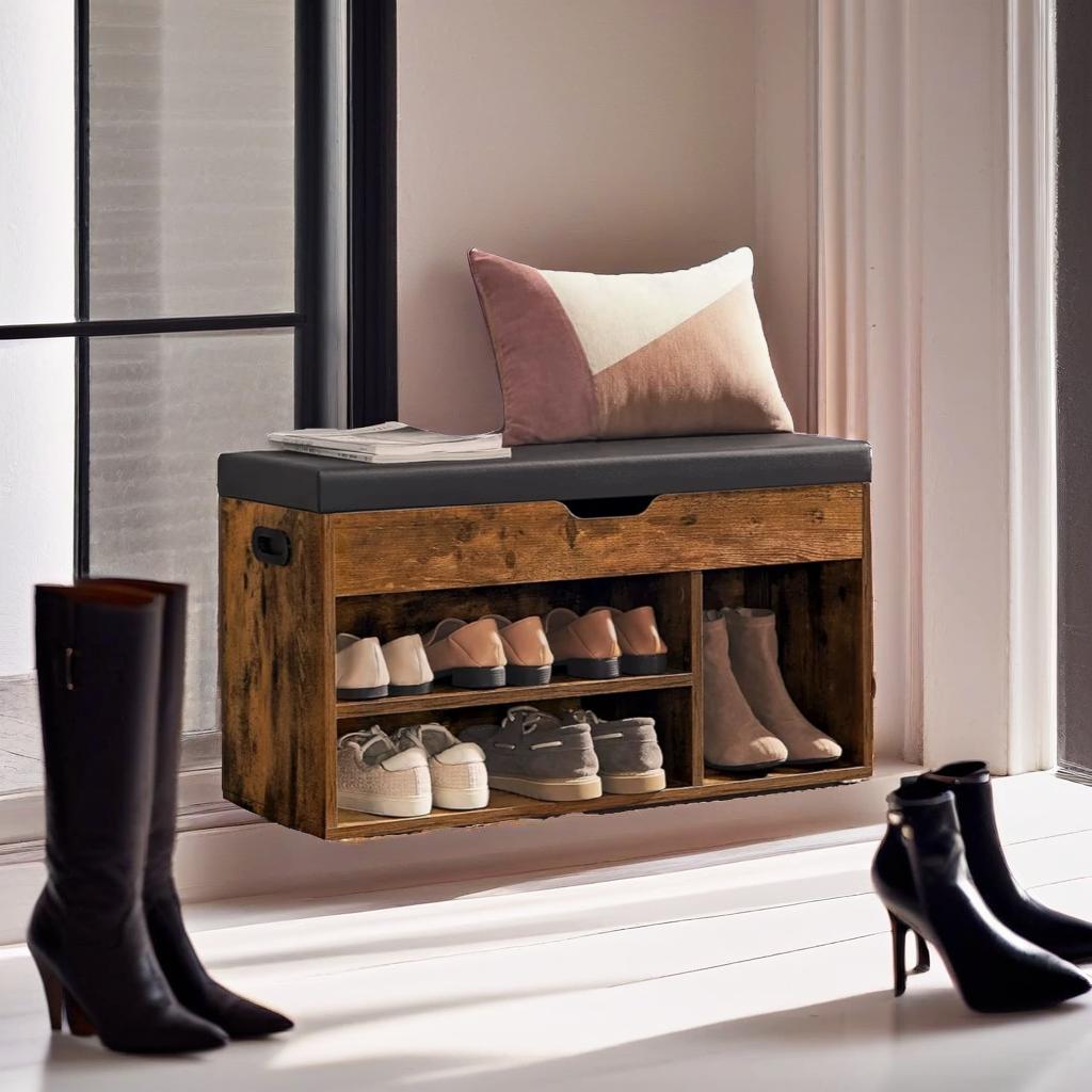 Shoe Bench with Cushion and 3 Compartments Storage