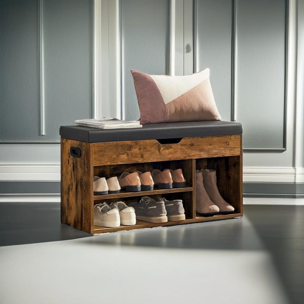 Shoe Bench with Cushion and 3 Compartments Storage