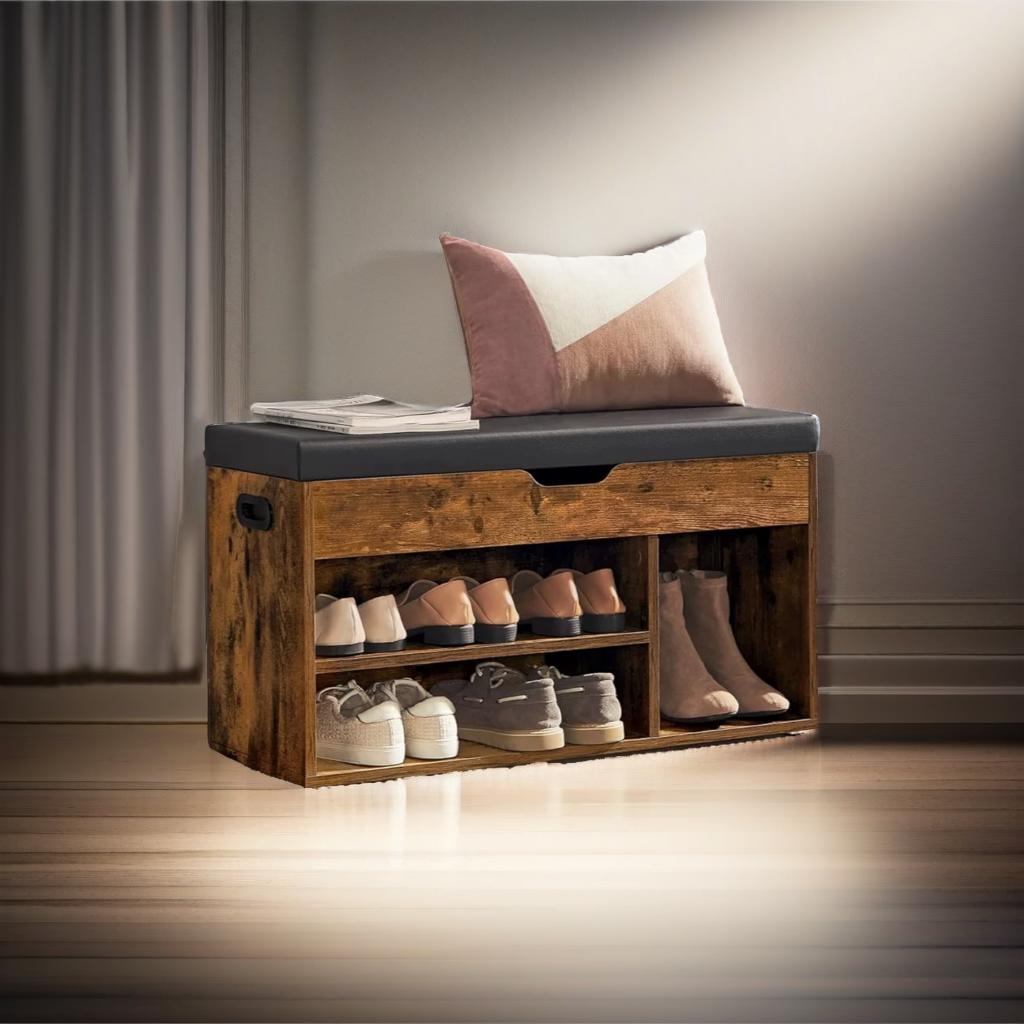 Shoe Bench with Cushion and 3 Compartments Storage