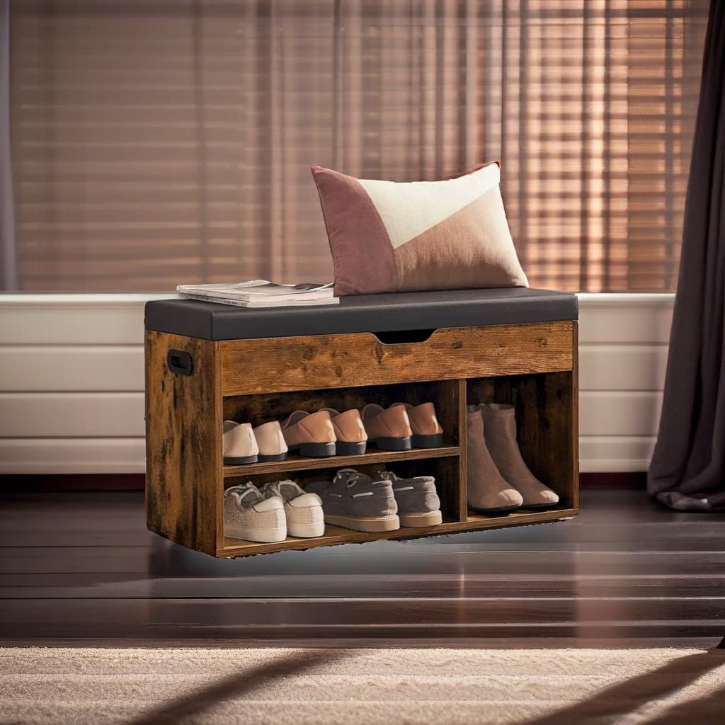 Shoe Bench with Cushion and 3 Compartments Storage
