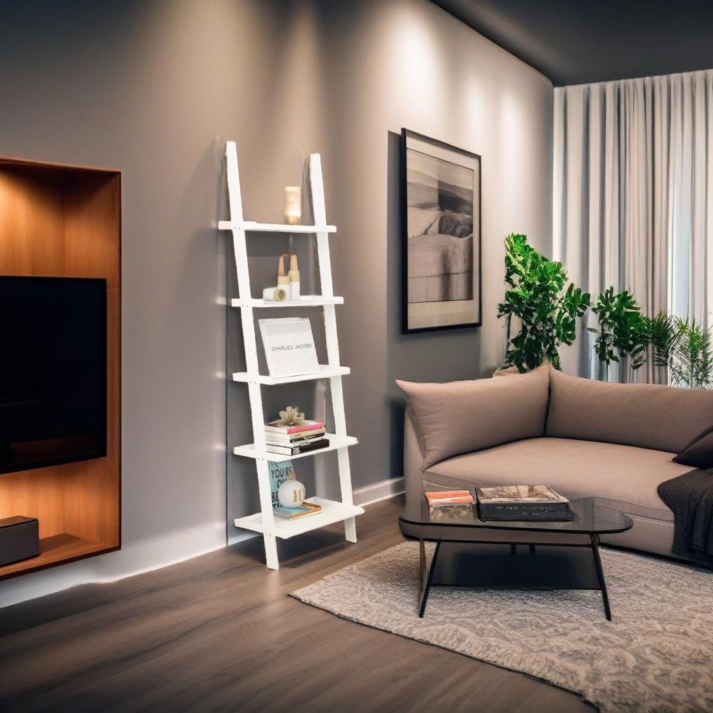 5-Tier White Ladder Shelf - Leaning Storage Bookcase