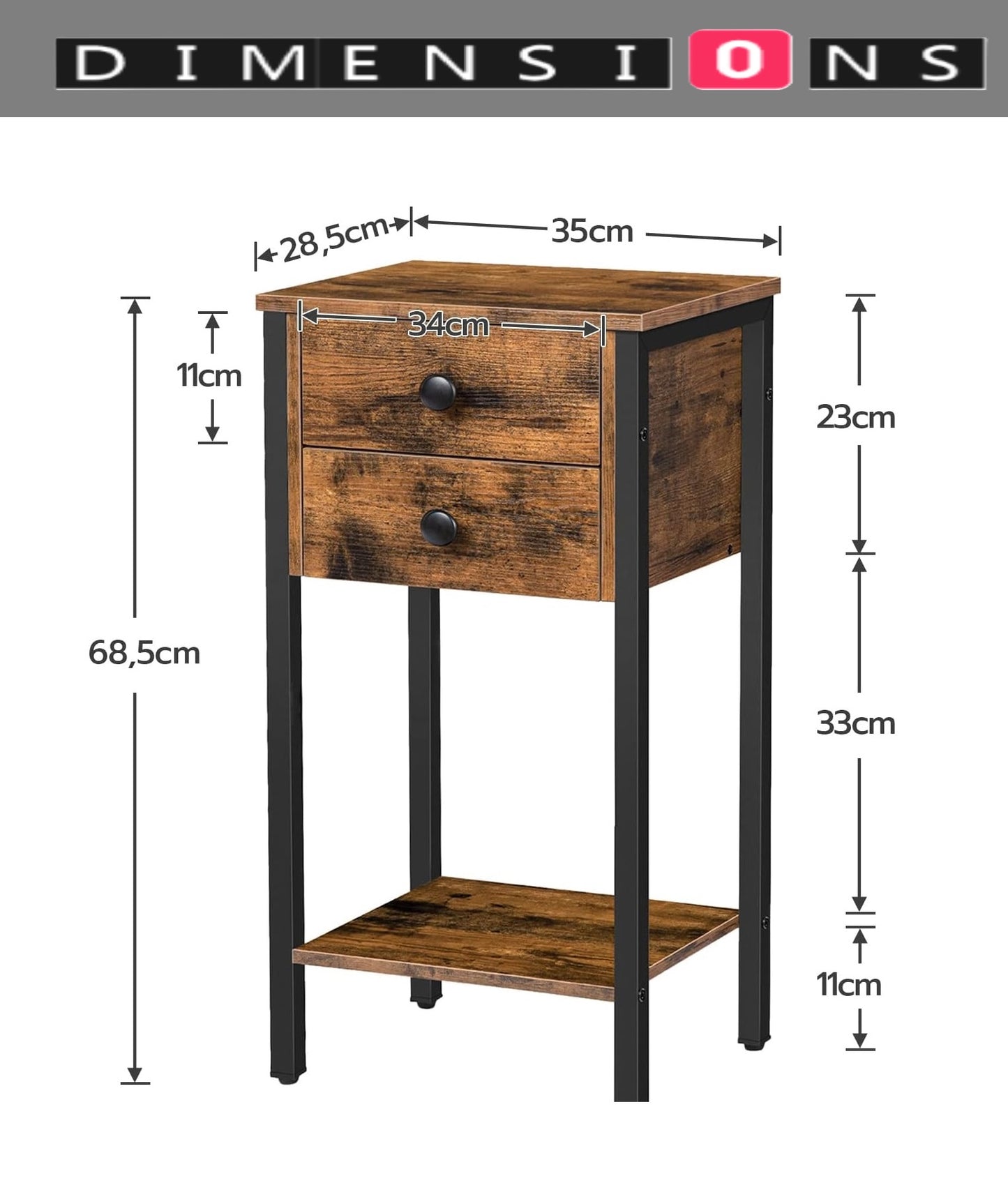Slim Industrial Bedside Table with 2 Drawers