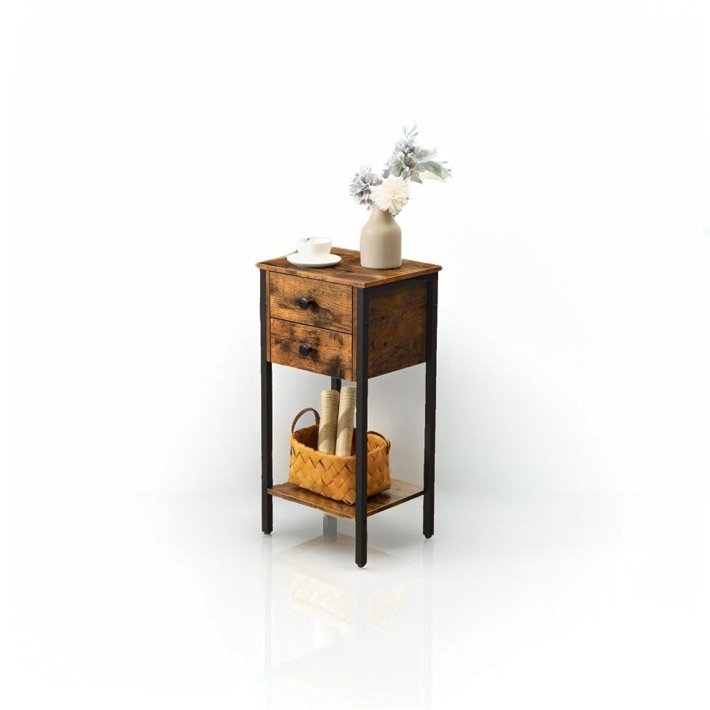 Slim Industrial Bedside Table with 2 Drawers