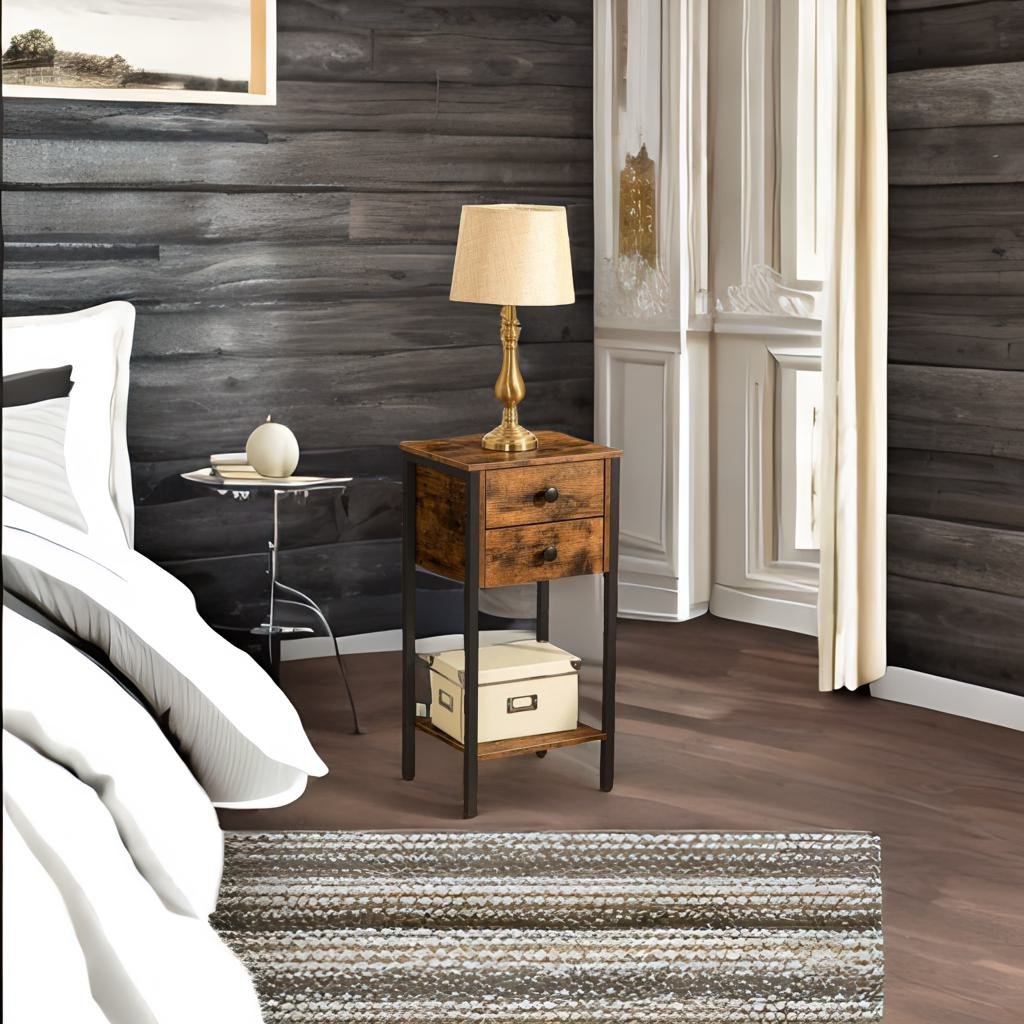 Slim Industrial Bedside Table with 2 Drawers