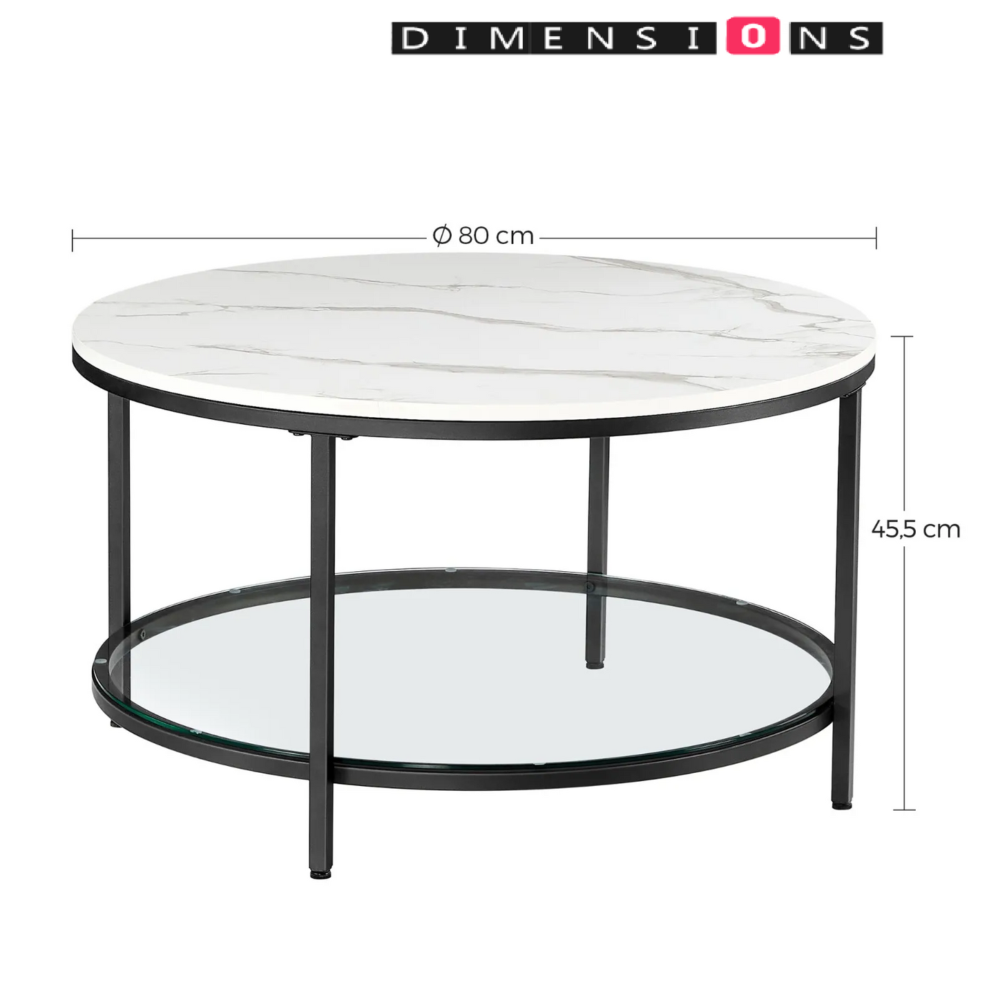 Round Marble White Coffee Table with Glass Storage Shelf and Black Steel Legs for Living Room