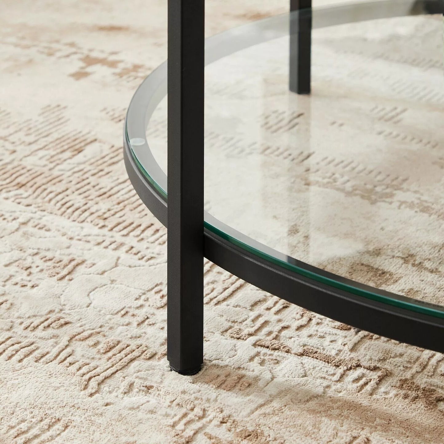 Round Marble White Coffee Table with Glass Storage Shelf and Black Steel Legs for Living Room