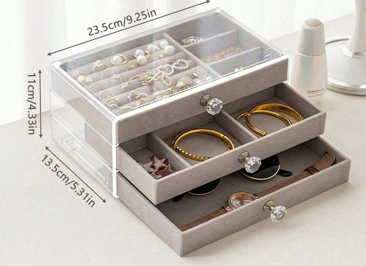 Clear Acrylic Jewellery Storage Box 3 Tier Drawer Organizer for Rings Earrings Necklaces