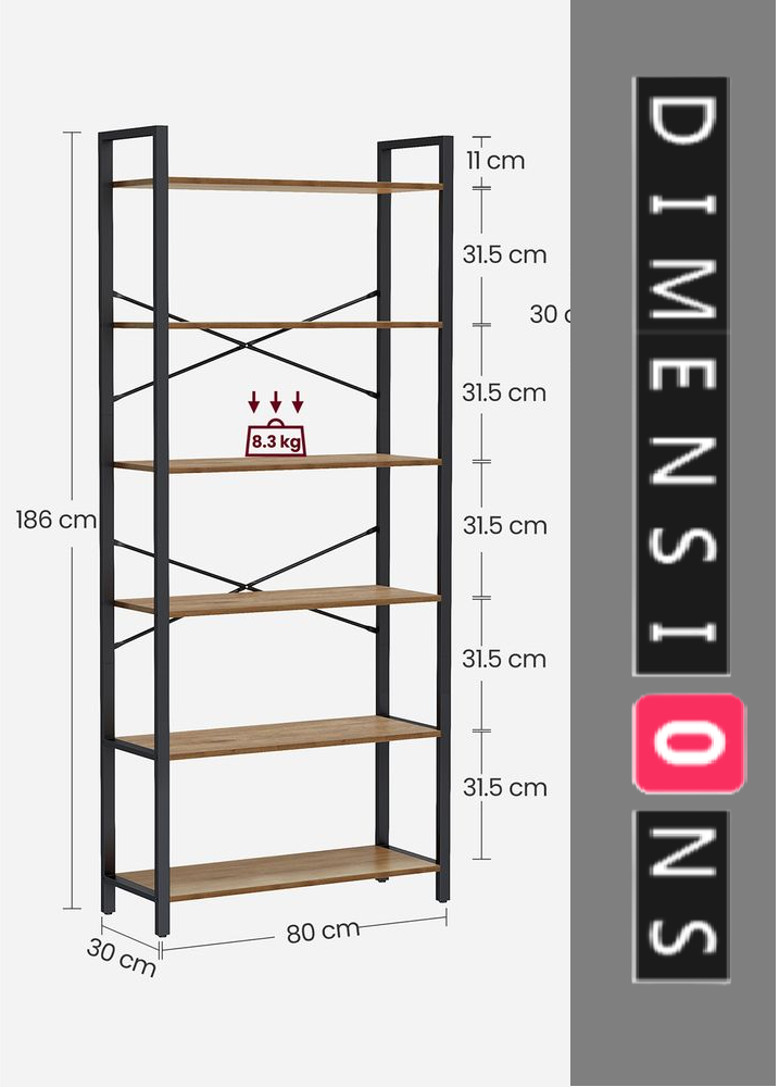 6-Tier Industrial Bookshelf with X-Brace – Tall Slim Bookcase, 30 x 80 x 186 cm, Wheat Brown & Ink Black