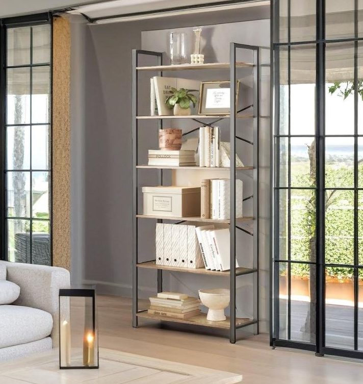 6-Tier Industrial Bookshelf with X-Brace – Tall Slim Bookcase, 30 x 80 x 186 cm, Wheat Brown & Ink Black