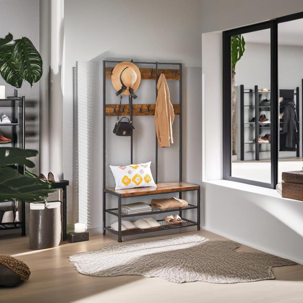 Industrial Entryway Coat Rack with 12 Hooks and Bench