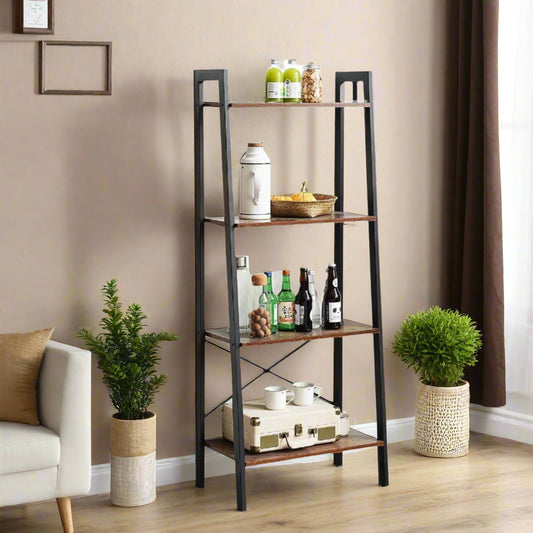 4-tier industrial ladder bookshelf with black metal frame and rustic wood shelves, ideal for books, plants, and decor