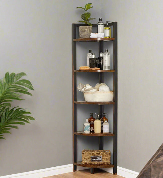 Rustic brown and black 5-tier corner shelf with steel frame, holding ceramic vases and decorative items in a living room.