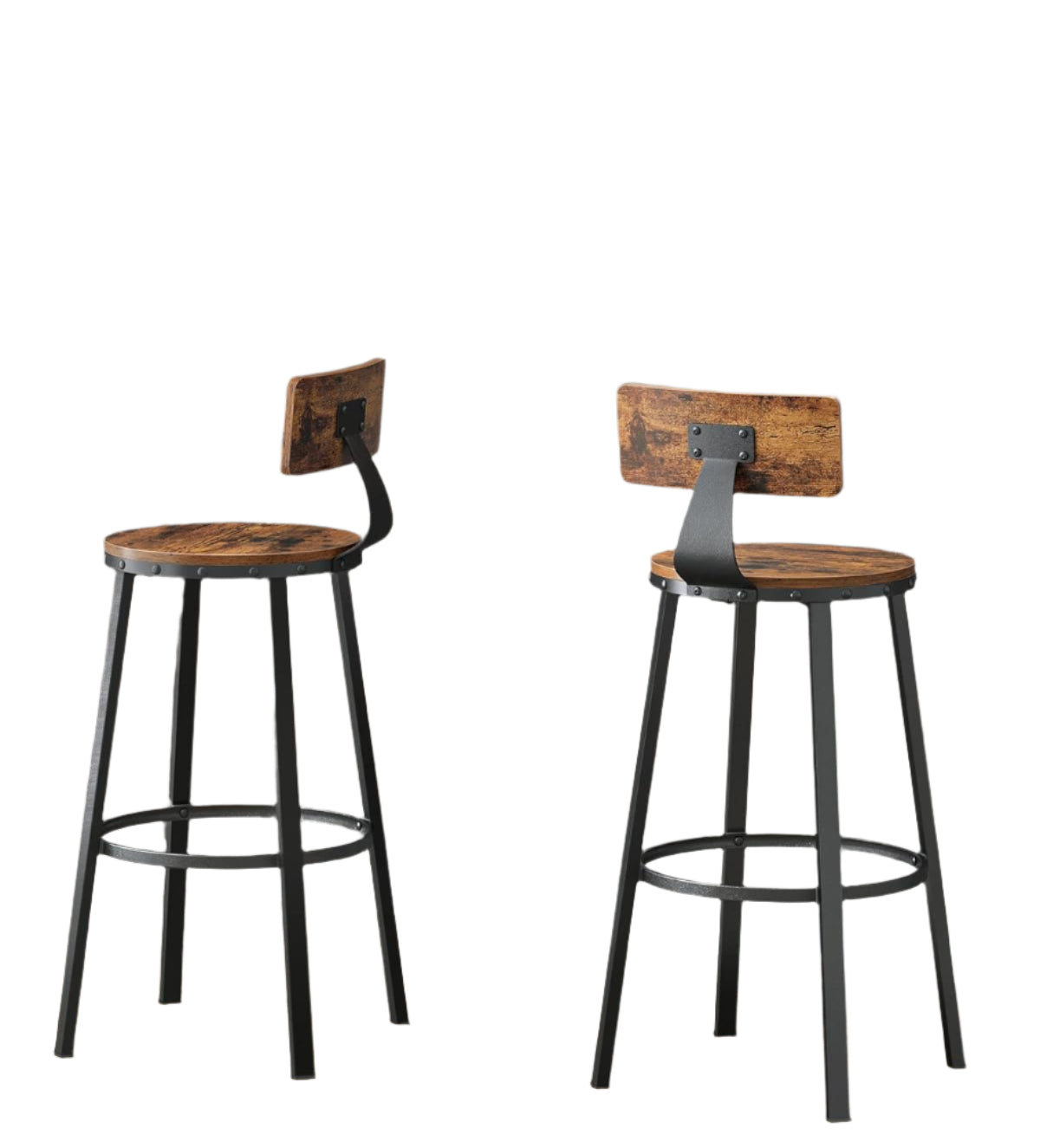 Set of 2 Industrial Bar Stools with Backrest | 73cm Tall Kitchen Breakfast Chairs